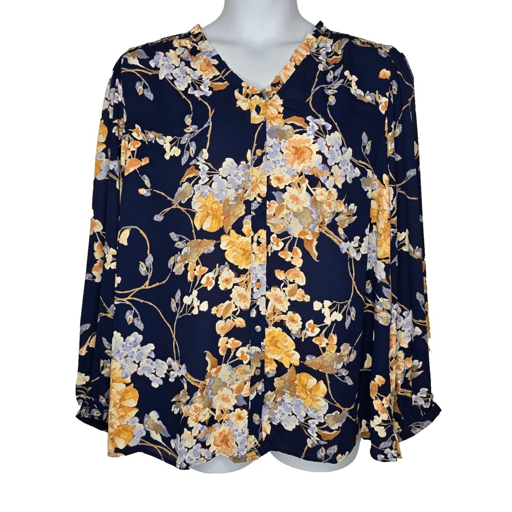 Well Worn Blouse Womens XXL 2X Top Floral Button Business Long Sleeves NEW